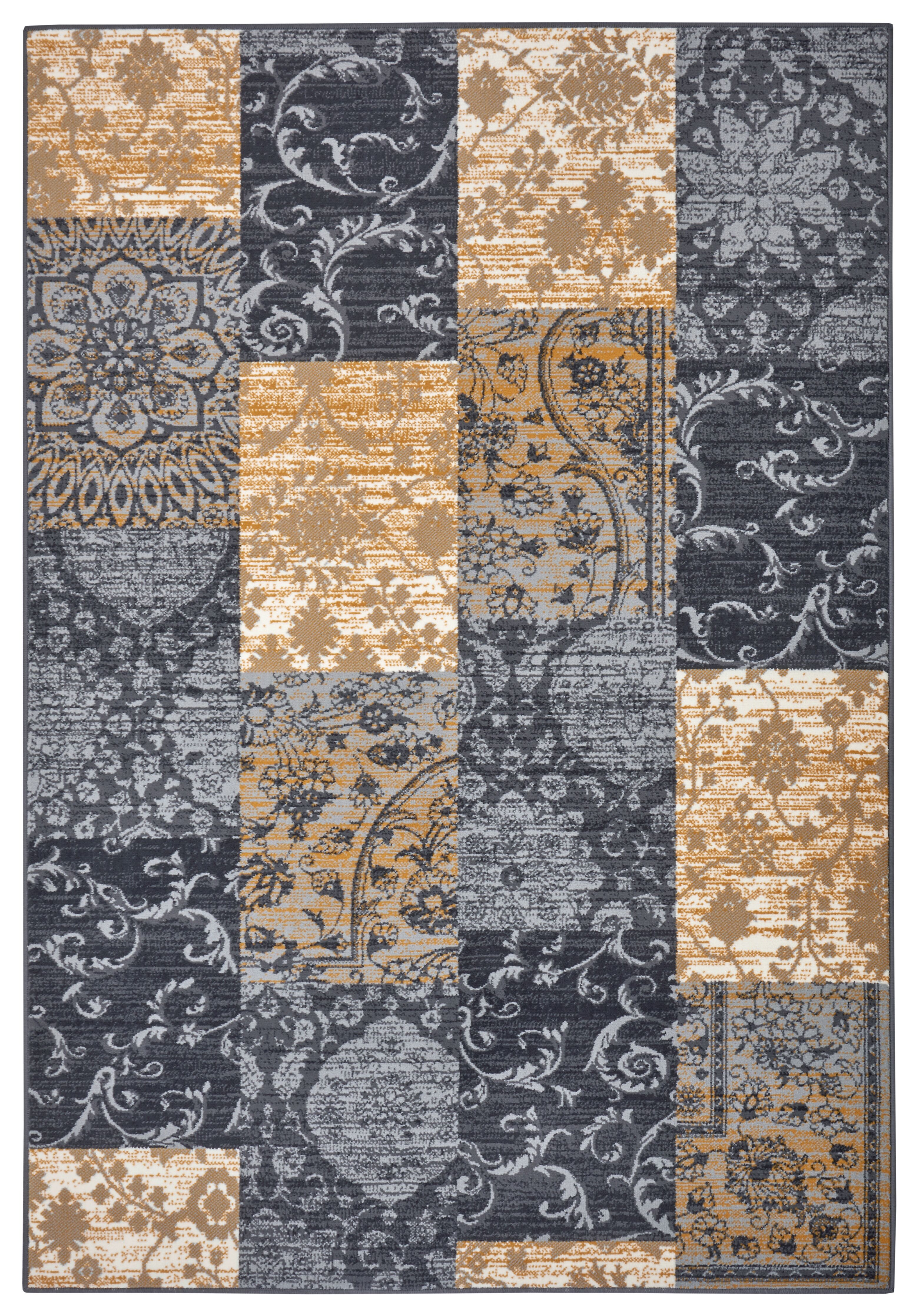 Patchwork Teppich Velours Gloria 5522 Grau/Senfgelb